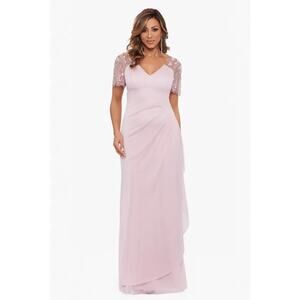 XSCAPE Embellished V-Neck Beaded Flutter Sleeve Dress Rose Pink Size 8 NWT